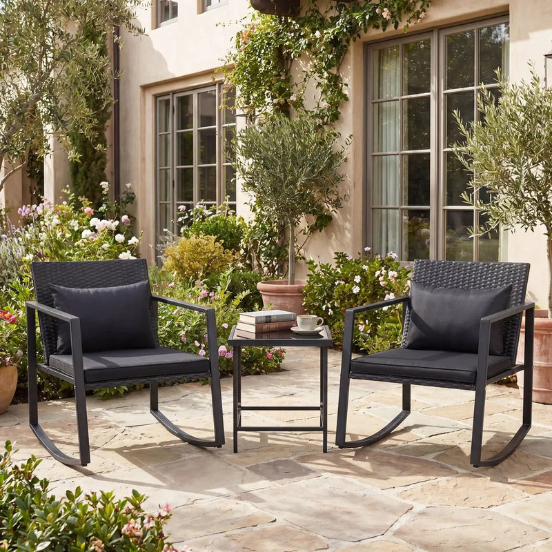 3-Piece Rocking Bistro Set with Cushions & Glass Table by DirectDeals