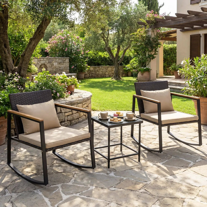 3-Piece Rocking Bistro Set with Cushions & Glass Table by DirectDeals
