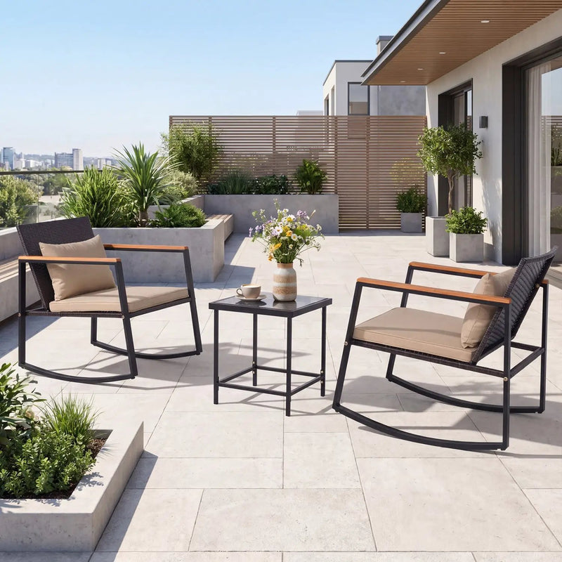 3-Piece Rocking Bistro Set with Cushions & Glass Table by DirectDeals