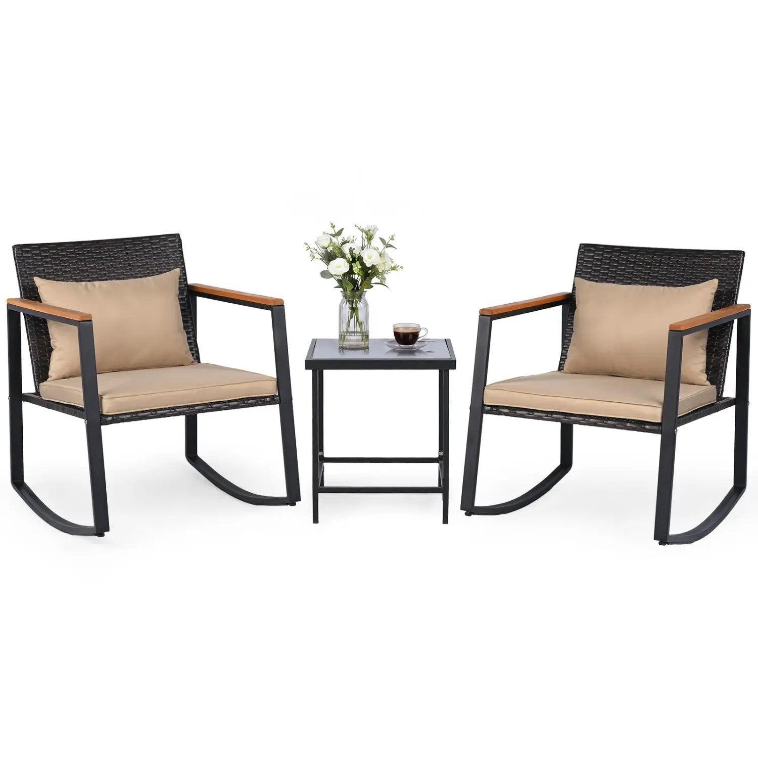 3-Piece Rocking Bistro Set with Cushions & Glass Table by DirectDeals
