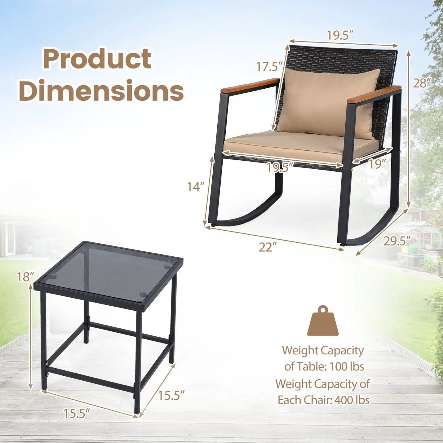 3-Piece Rocking Bistro Set with Cushions & Glass Table by DirectDeals