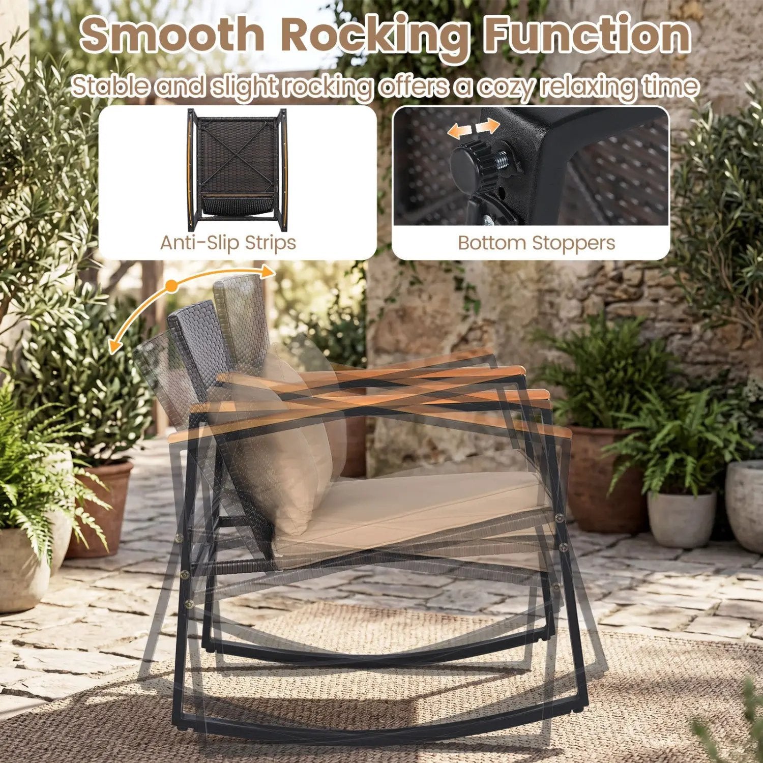 3-Piece Rocking Bistro Set with Cushions & Glass Table by DirectDeals
