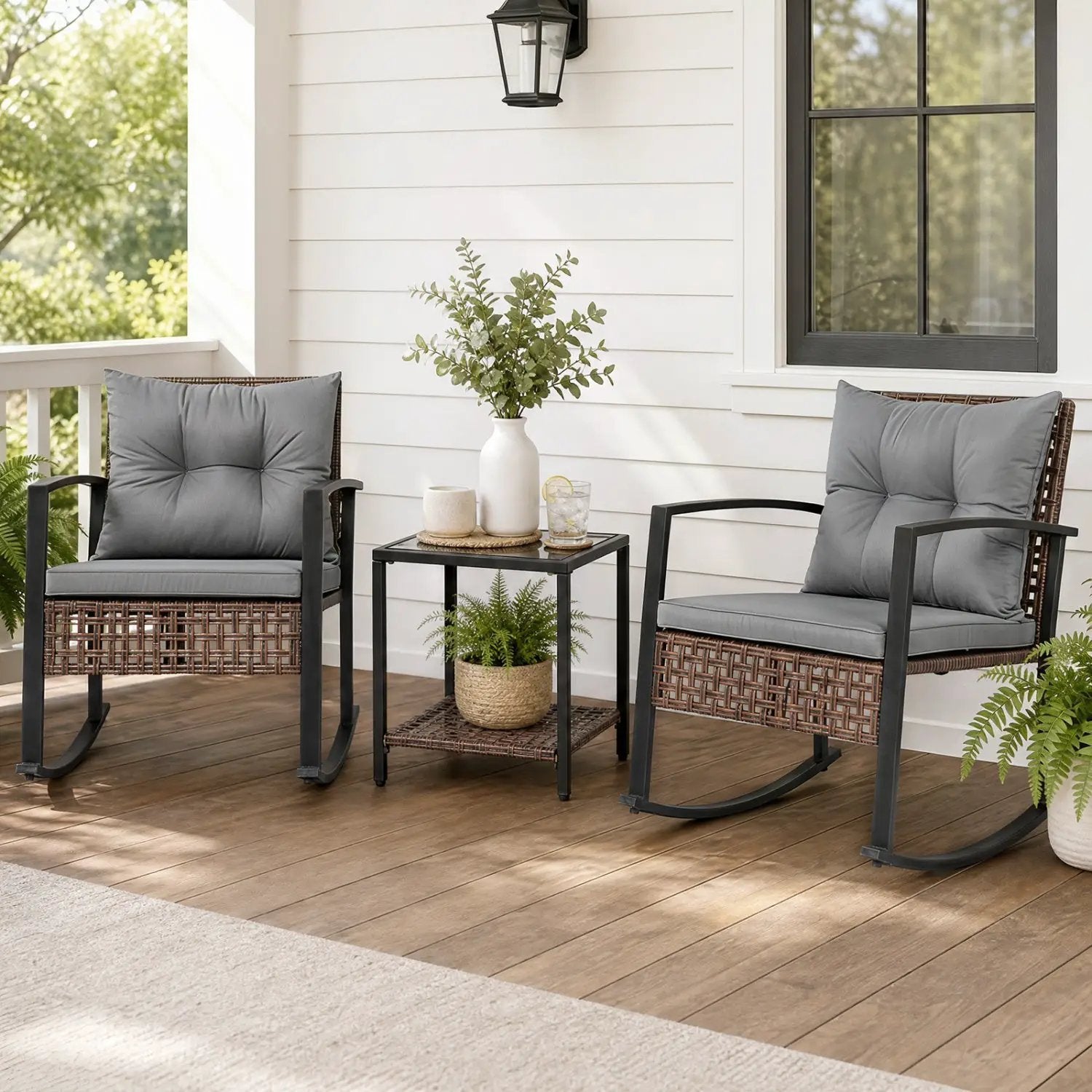 3-Piece Rocking Chair Patio Set with Glass Coffee Table by DirectDeals