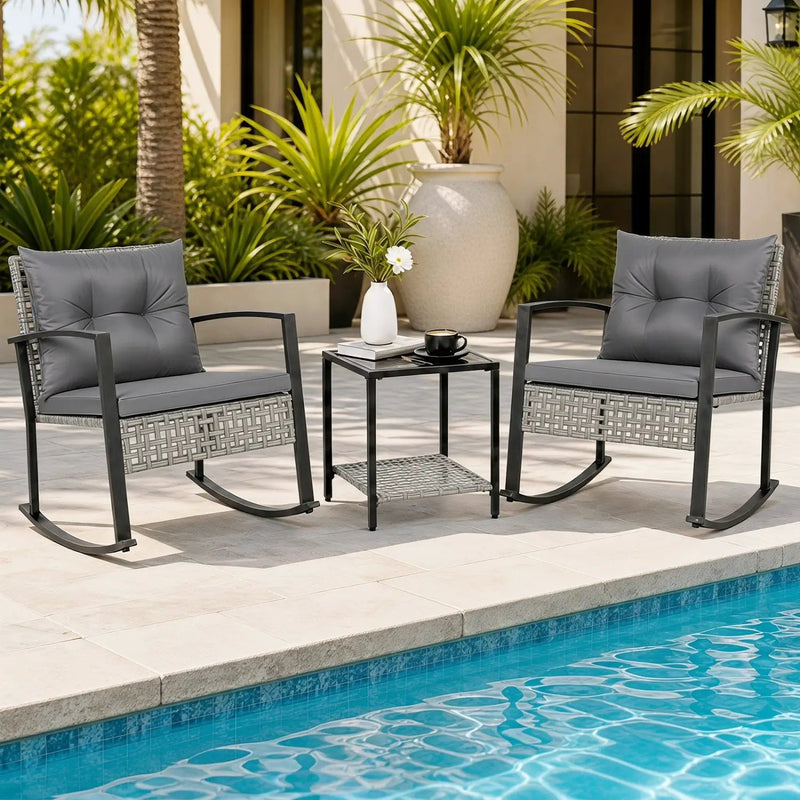 3-Piece Outdoor Rocking Chair Set with Coffee Table - Gray by DirectDeals