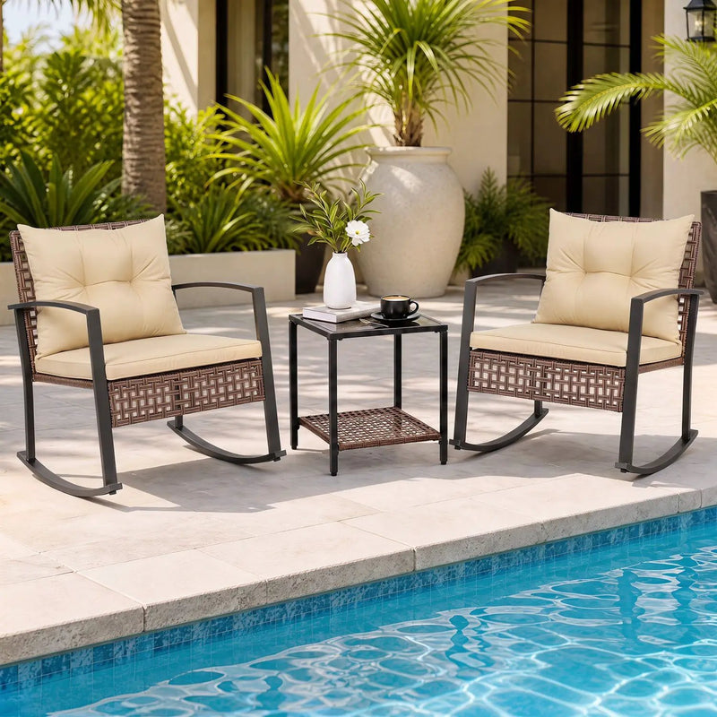 3-Piece Rocking Chair Patio Set with Glass Coffee Table by DirectDeals