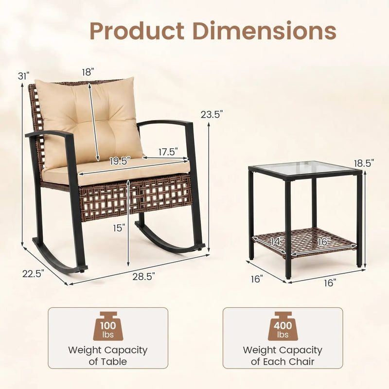 3-Piece Rocking Chair Patio Set with Glass Coffee Table by DirectDeals