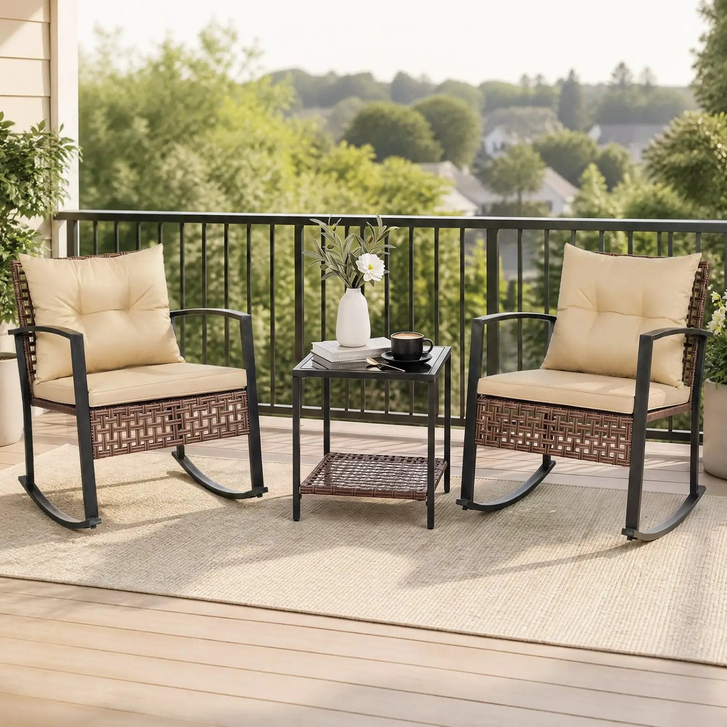 3-Piece Rocking Chair Patio Set with Glass Coffee Table by DirectDeals