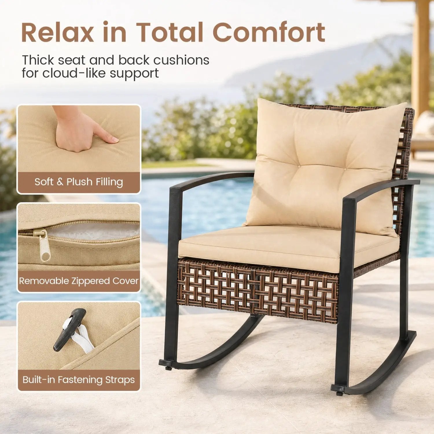 3-Piece Rocking Chair Patio Set with Glass Coffee Table by DirectDeals