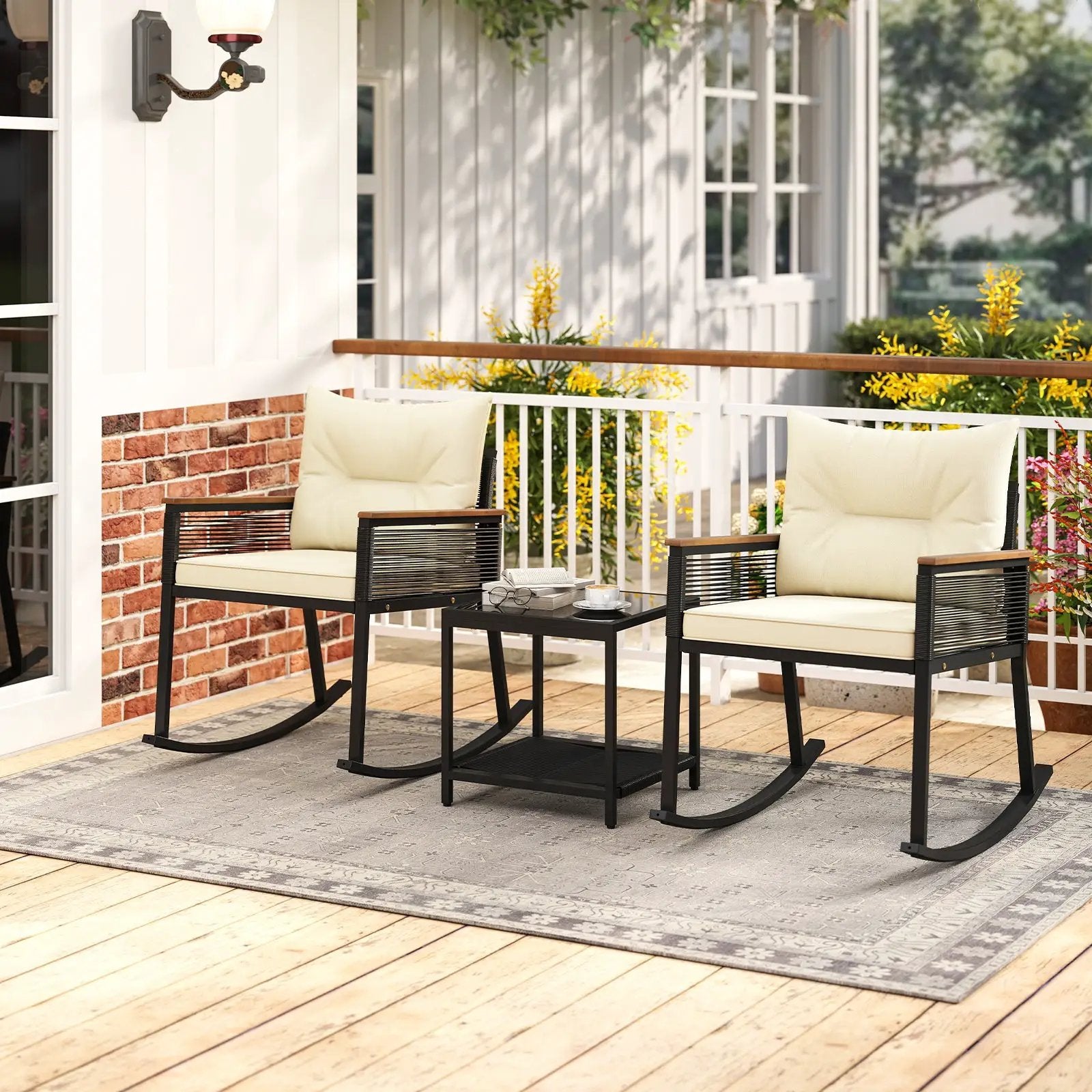 3 Piece Outdoor PE Rattan Rocking Bistro Set with 2-Tier Coffee Table-Black by DirectDeals