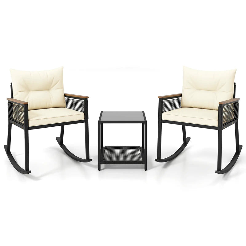 3 Piece Outdoor PE Rattan Rocking Bistro Set with 2-Tier Coffee Table-Black by DirectDeals