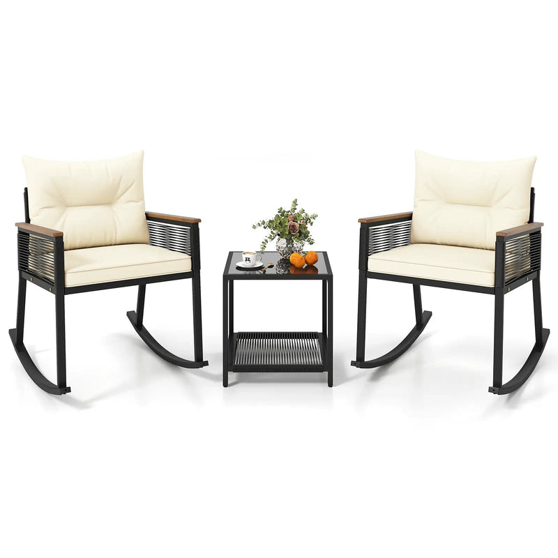 3 Piece Outdoor PE Rattan Rocking Bistro Set with 2-Tier Coffee Table-Black by DirectDeals