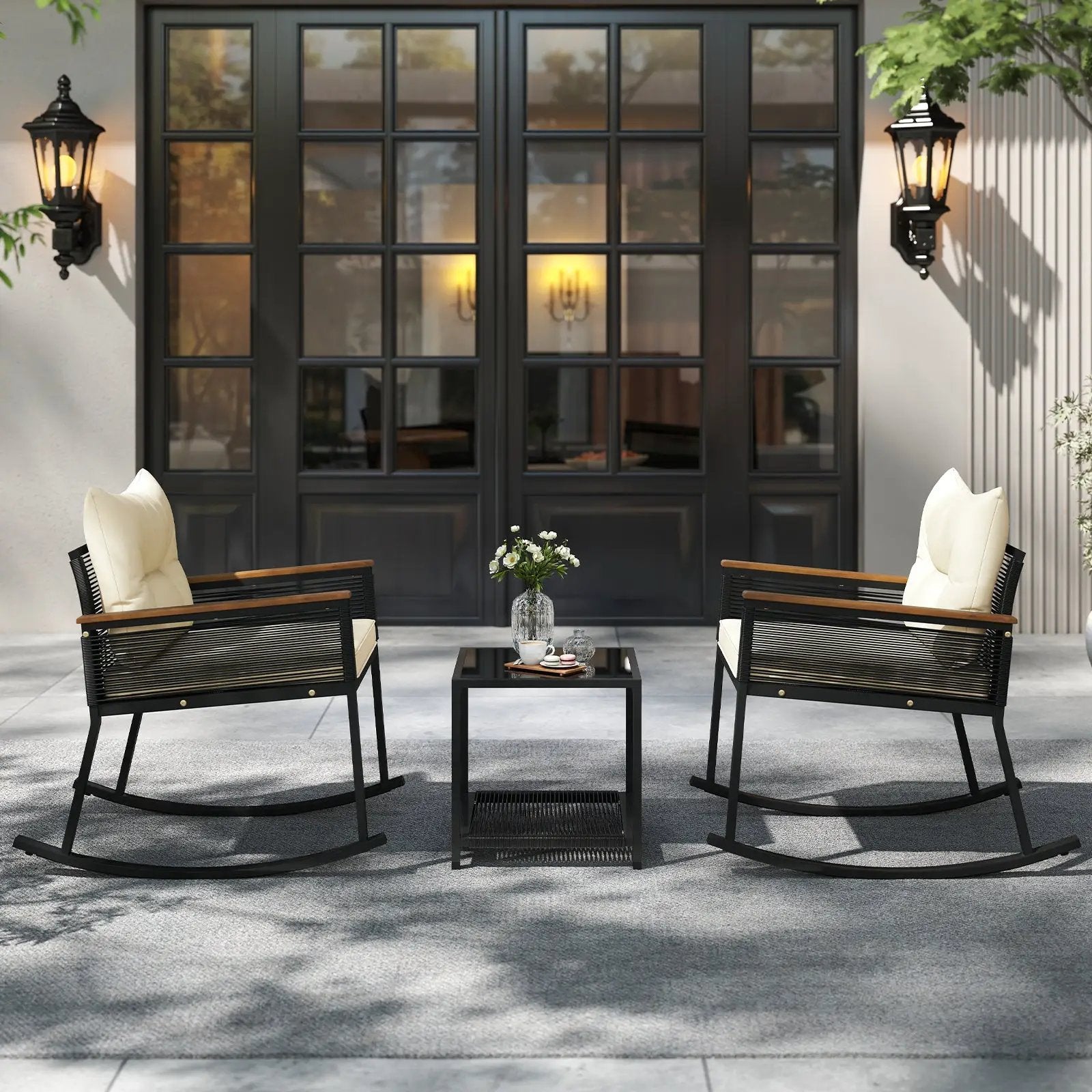 3 Piece Outdoor PE Rattan Rocking Bistro Set with 2-Tier Coffee Table-Black by DirectDeals
