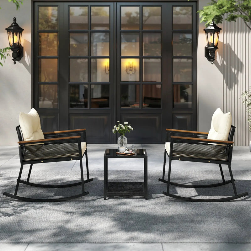 3 Piece Outdoor PE Rattan Rocking Bistro Set with 2-Tier Coffee Table-Black by DirectDeals