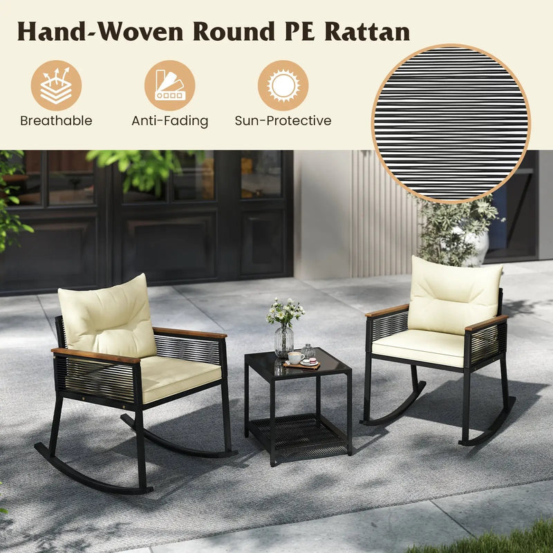3 Piece Outdoor PE Rattan Rocking Bistro Set with 2-Tier Coffee Table-Black by DirectDeals