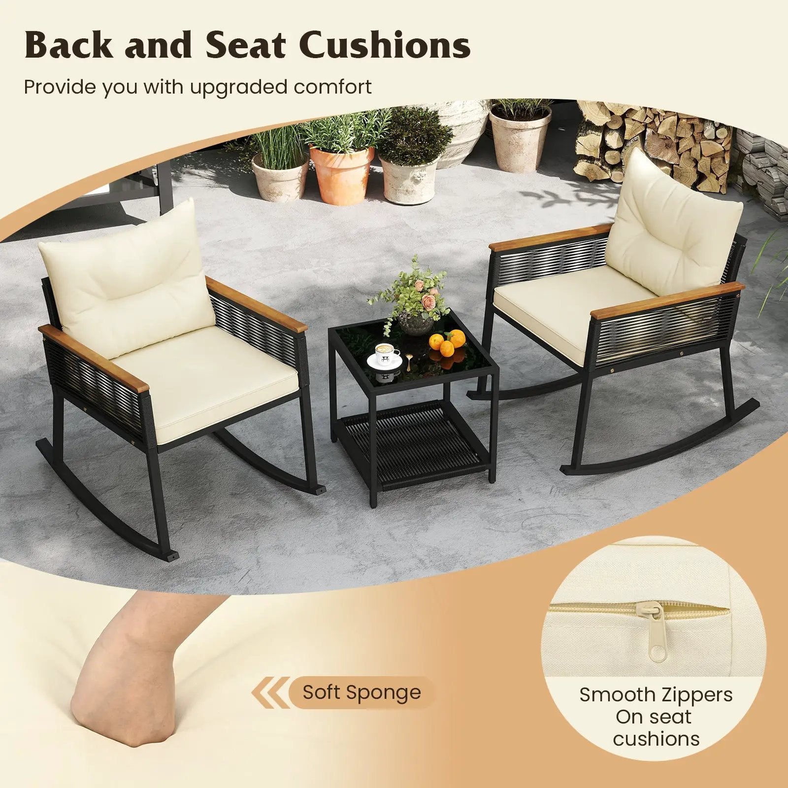 3 Piece Outdoor PE Rattan Rocking Bistro Set with 2-Tier Coffee Table-Black by DirectDeals