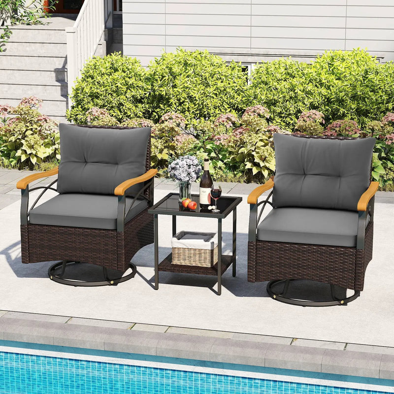 3 Piece Outdoor Swivel Chair Set with Tempered Glass Side Table by DirectDeals