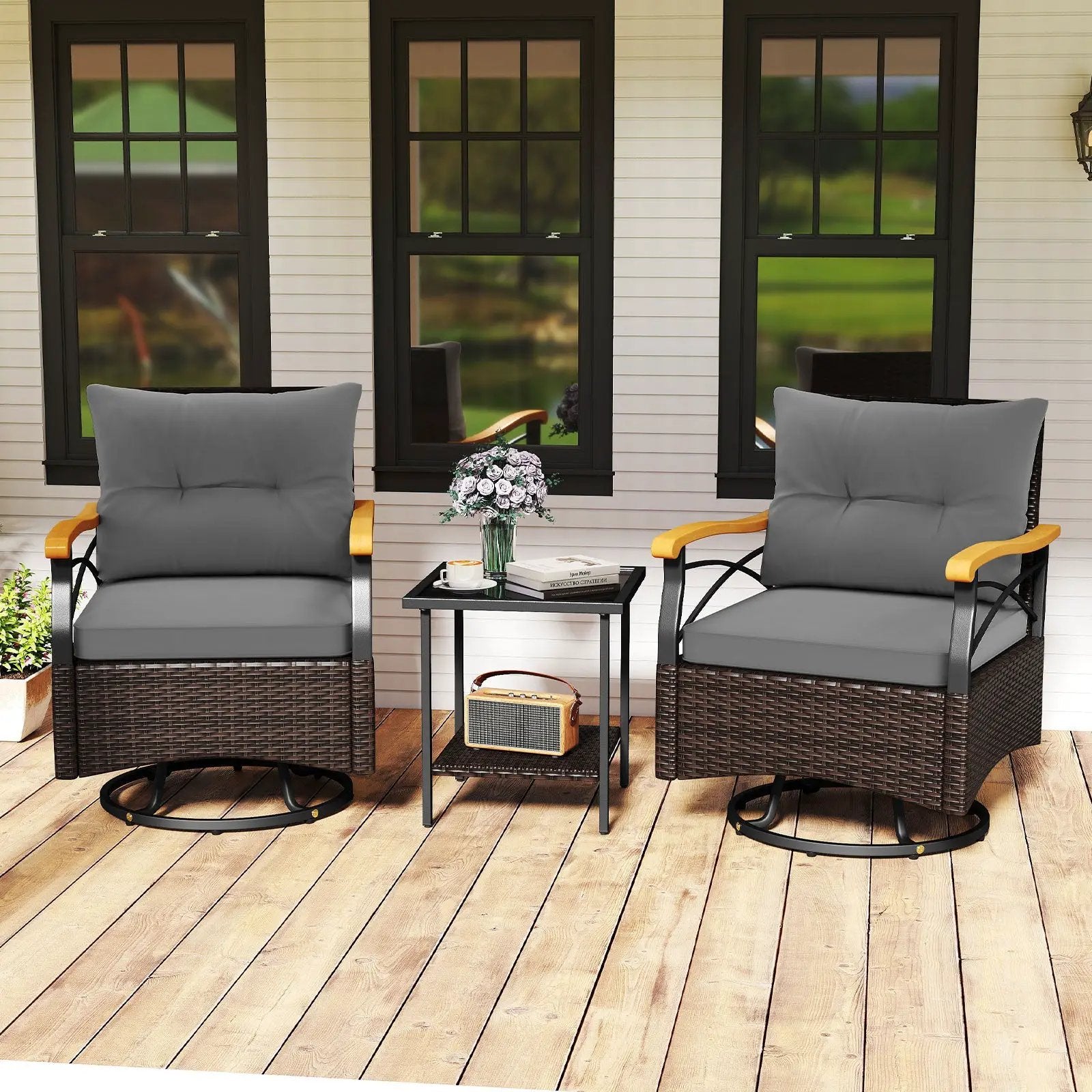 3 Piece Outdoor Swivel Chair Set with Tempered Glass Side Table by DirectDeals
