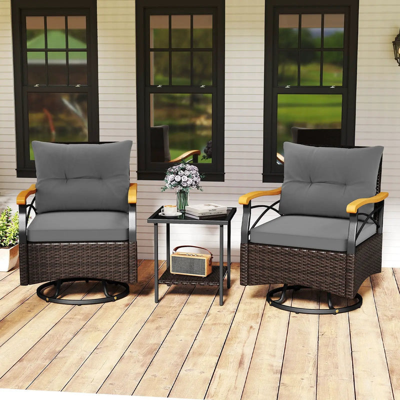 3 Piece Outdoor Swivel Chair Set with Tempered Glass Side Table by DirectDeals