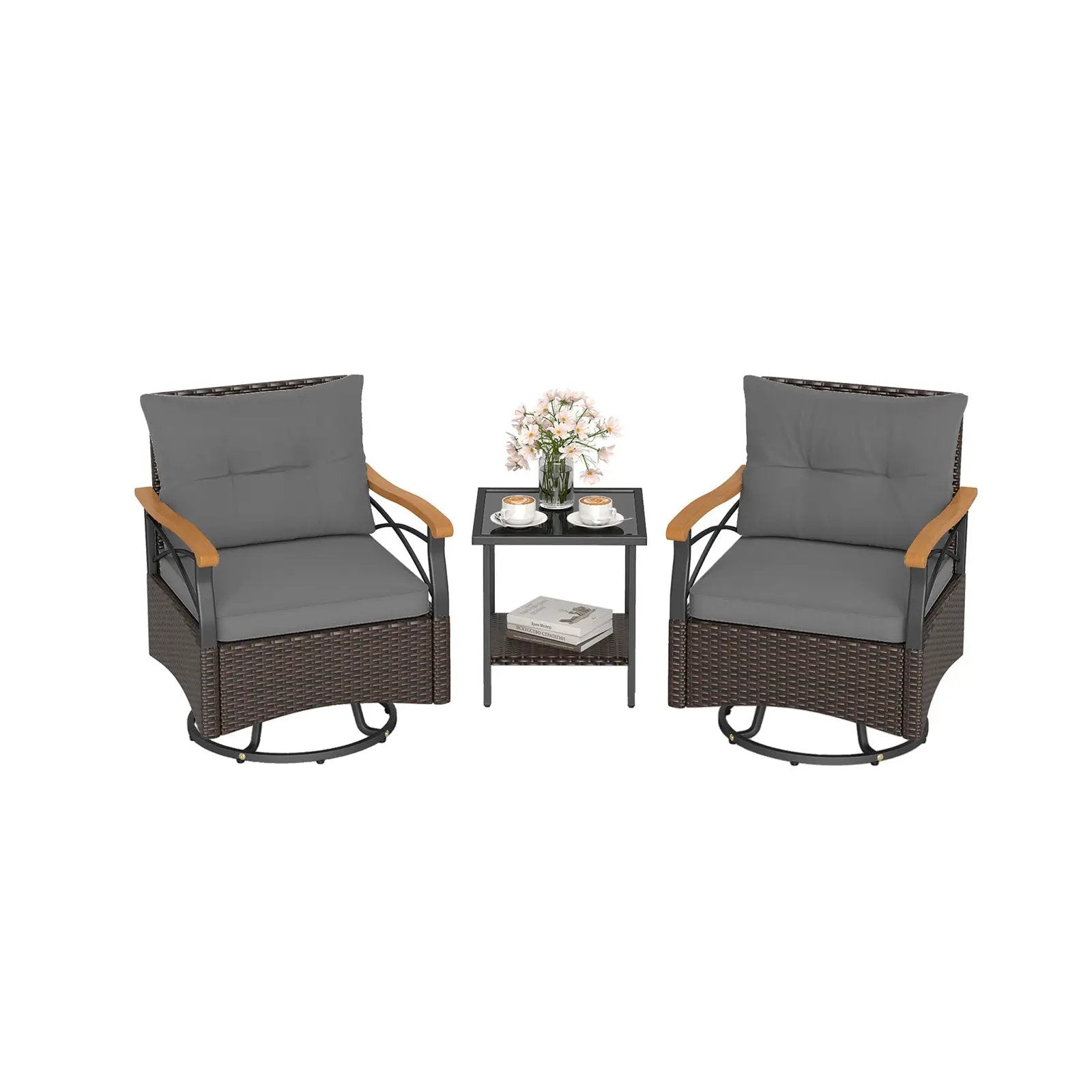 3 Piece Outdoor Swivel Chair Set with Tempered Glass Side Table by DirectDeals