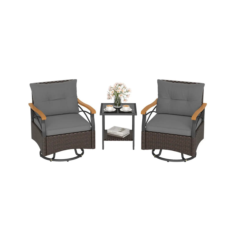 3 Piece Outdoor Swivel Chair Set with Tempered Glass Side Table by DirectDeals