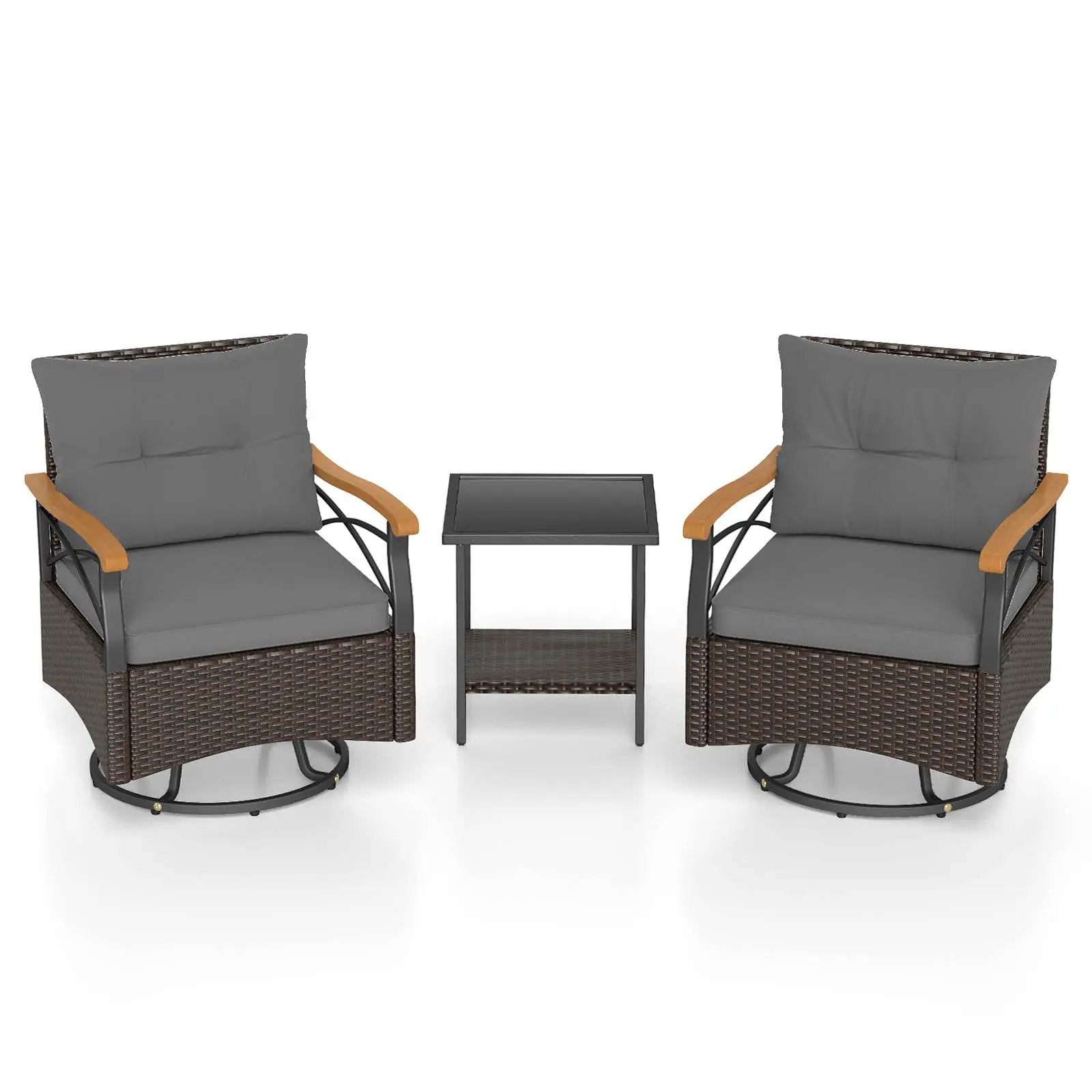 3 Piece Outdoor Swivel Chair Set with Tempered Glass Side Table by DirectDeals