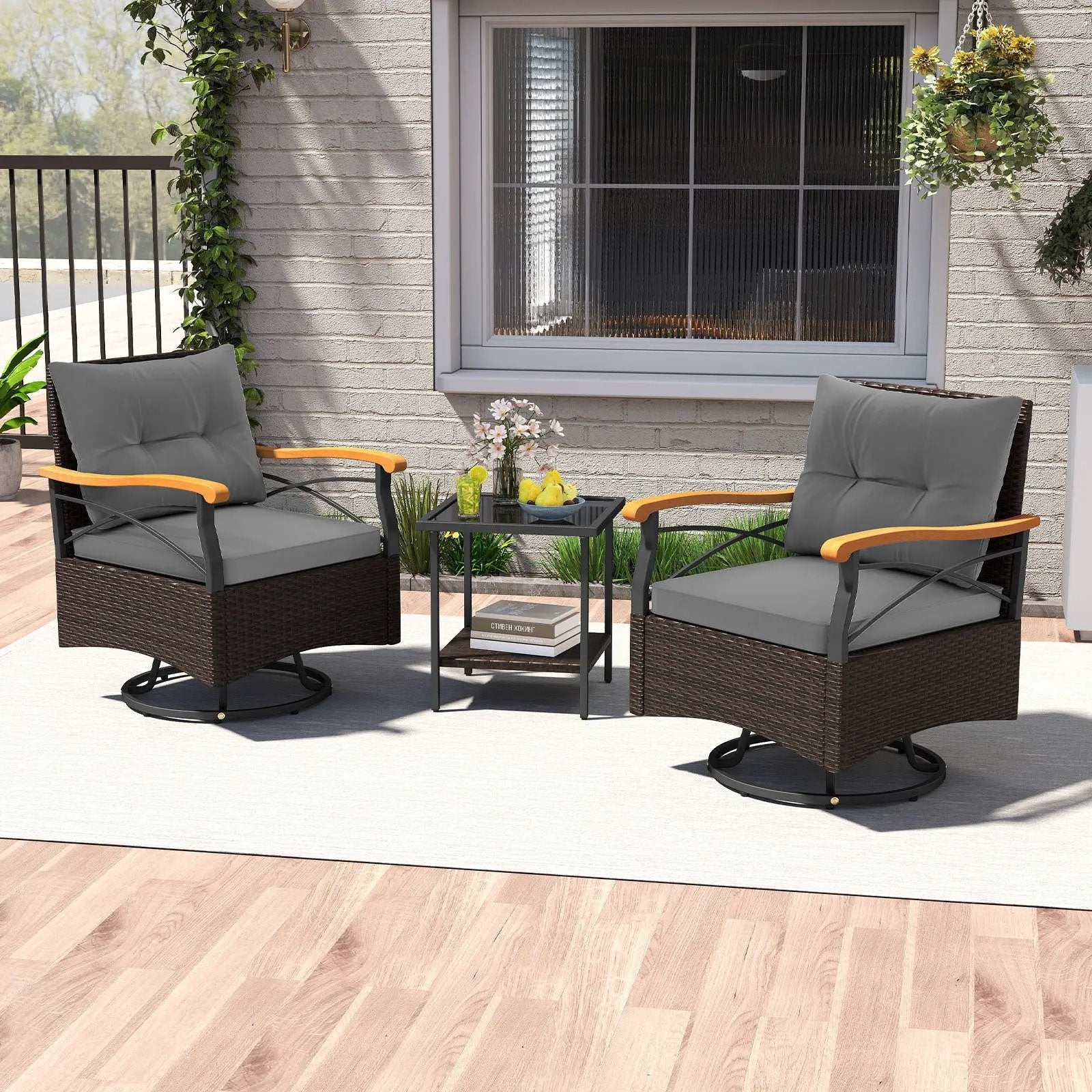 3 Piece Outdoor Swivel Chair Set with Tempered Glass Side Table by DirectDeals