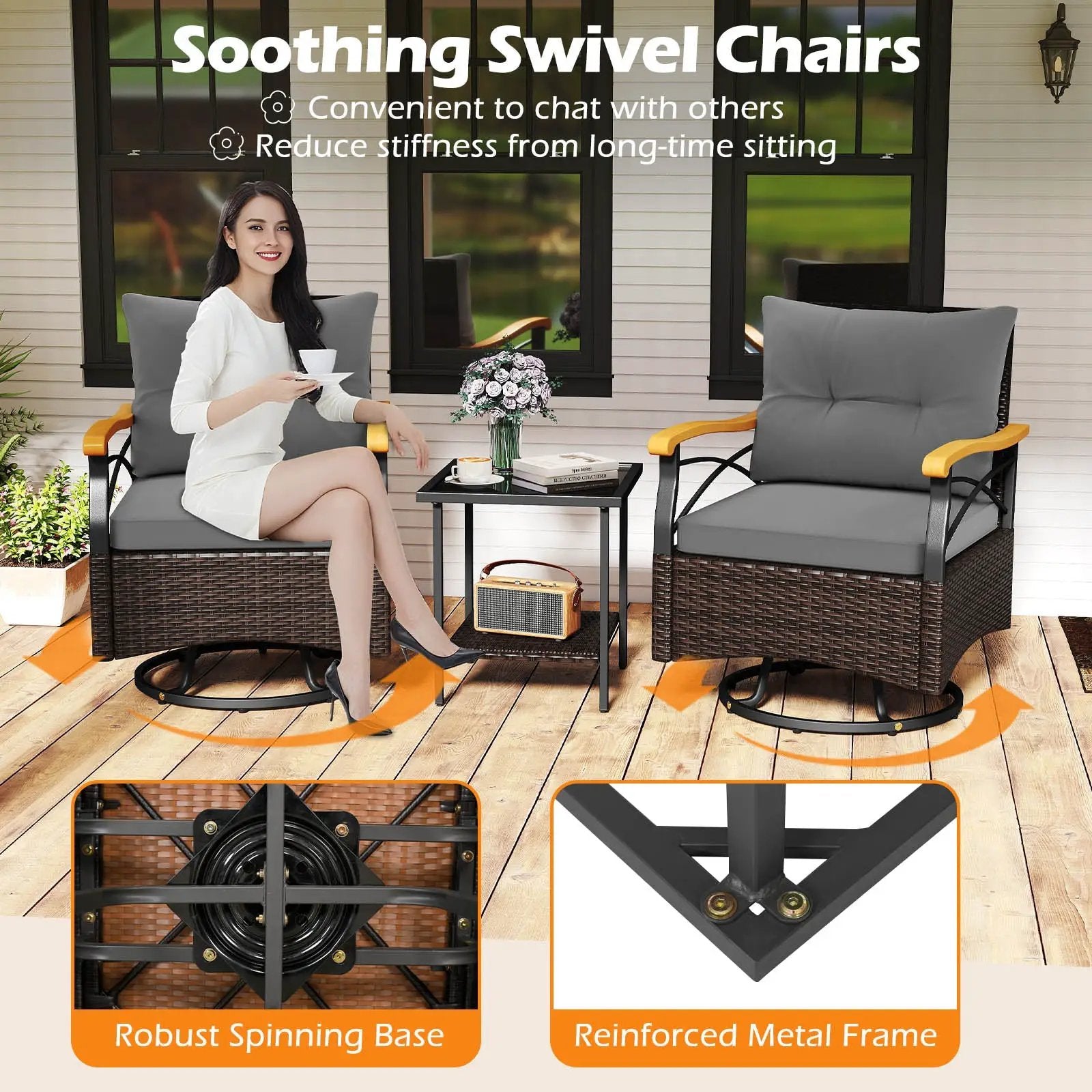 3 Piece Outdoor Swivel Chair Set with Tempered Glass Side Table by DirectDeals