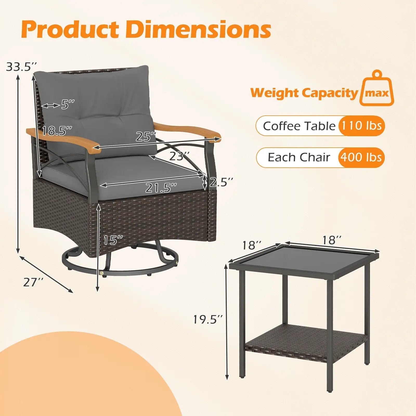 3 Piece Outdoor Swivel Chair Set with Tempered Glass Side Table by DirectDeals