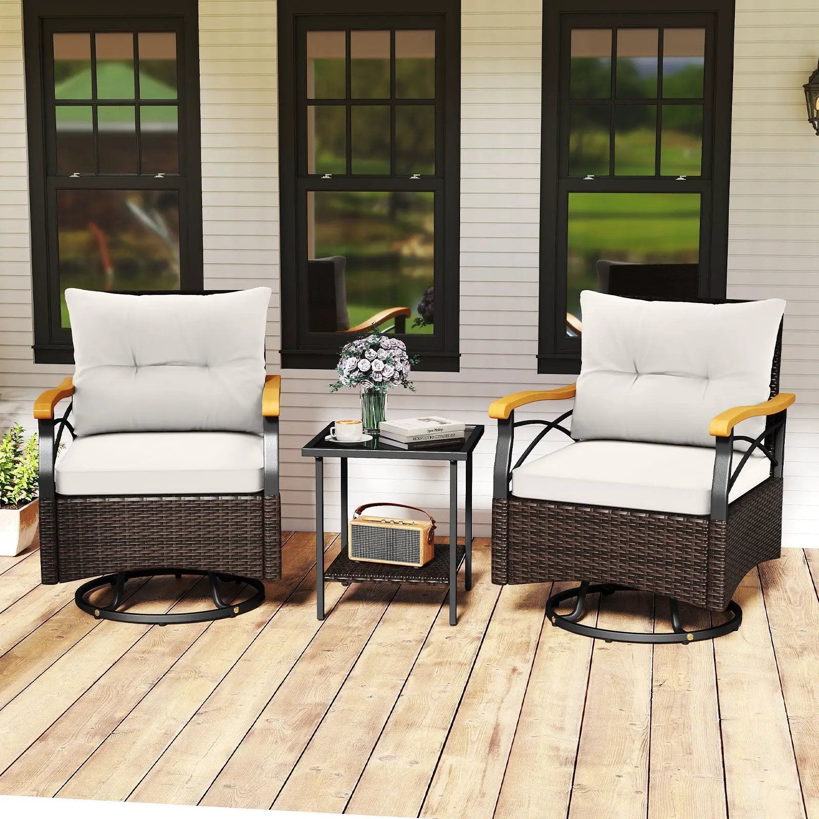 3 Piece Outdoor Swivel Chair Set with Tempered Glass Side Table by DirectDeals
