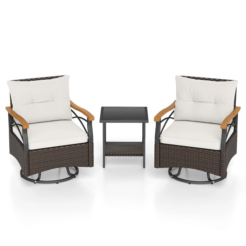 3 Piece Outdoor Swivel Chair Set with Tempered Glass Side Table by DirectDeals
