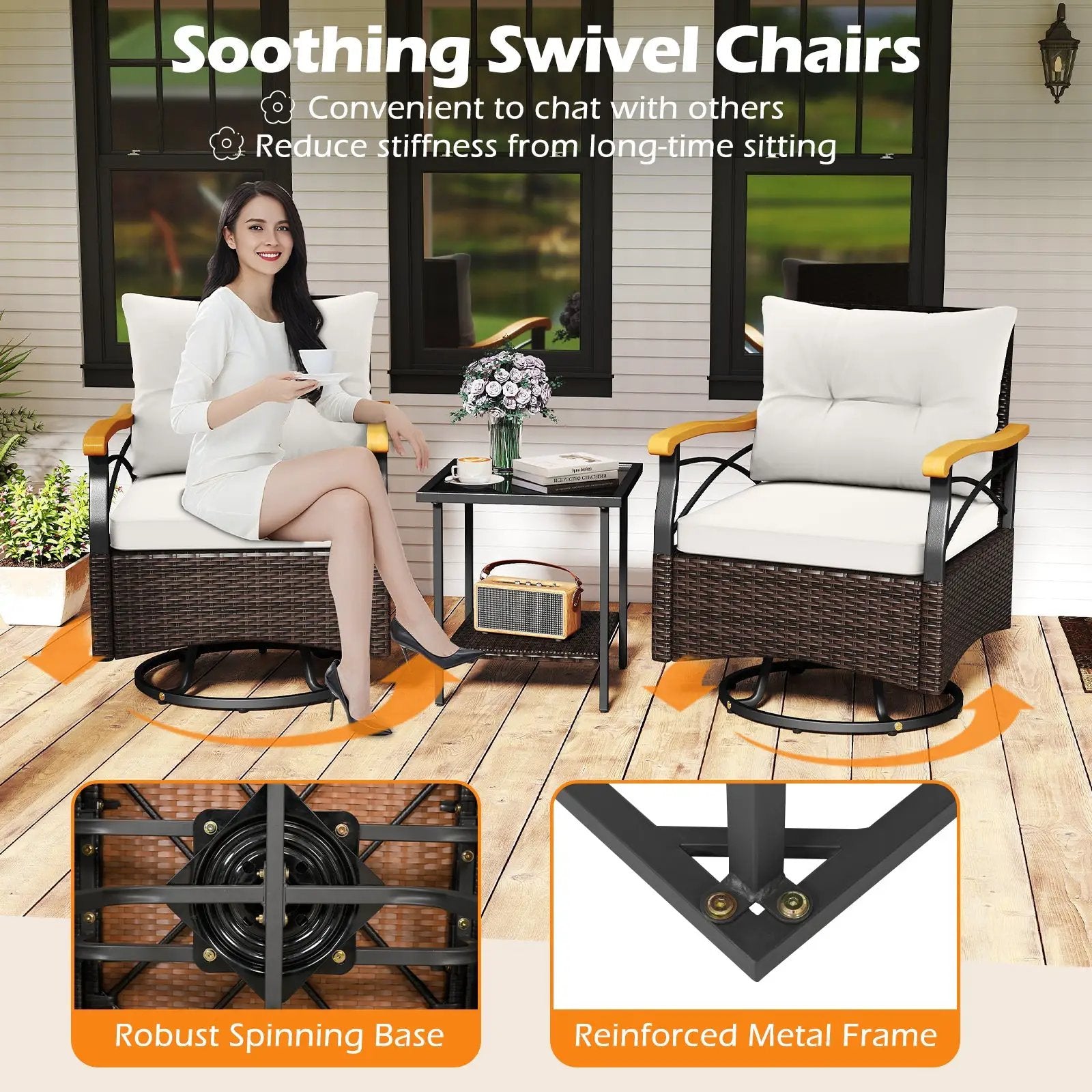 3 Piece Outdoor Swivel Chair Set with Tempered Glass Side Table by DirectDeals