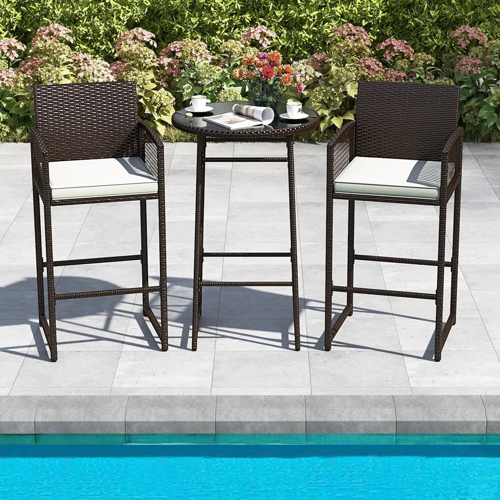 3 Piece Patio Bar Set Outdoor Wicker Bar Height Table and Armchairs-White by DirectDeals