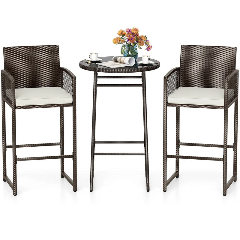 3 Piece Patio Bar Set Outdoor Wicker Bar Height Table and Armchairs-White by DirectDeals