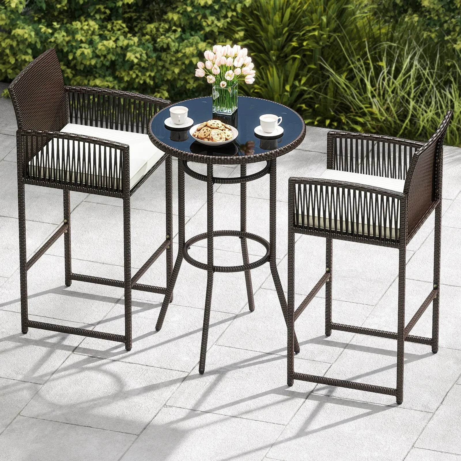 3 Piece Patio Bar Set Outdoor Wicker Bar Height Round Table and Armchairs-White by DirectDeals
