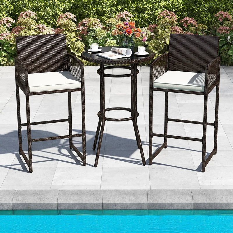 3 Piece Patio Bar Set Outdoor Wicker Bar Height Round Table and Armchairs-White by DirectDeals