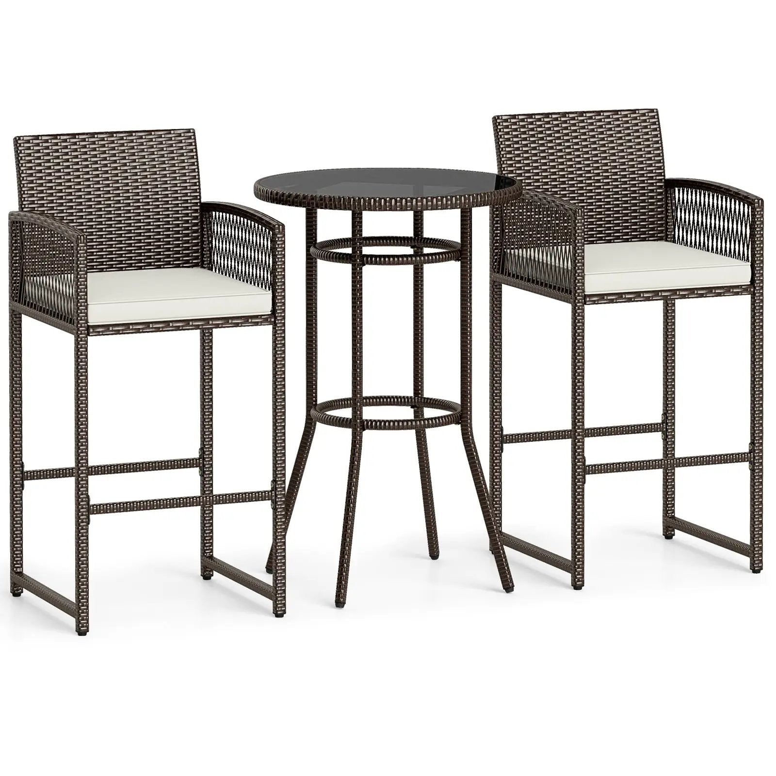 3 Piece Patio Bar Set Outdoor Wicker Bar Height Round Table and Armchairs-White by DirectDeals