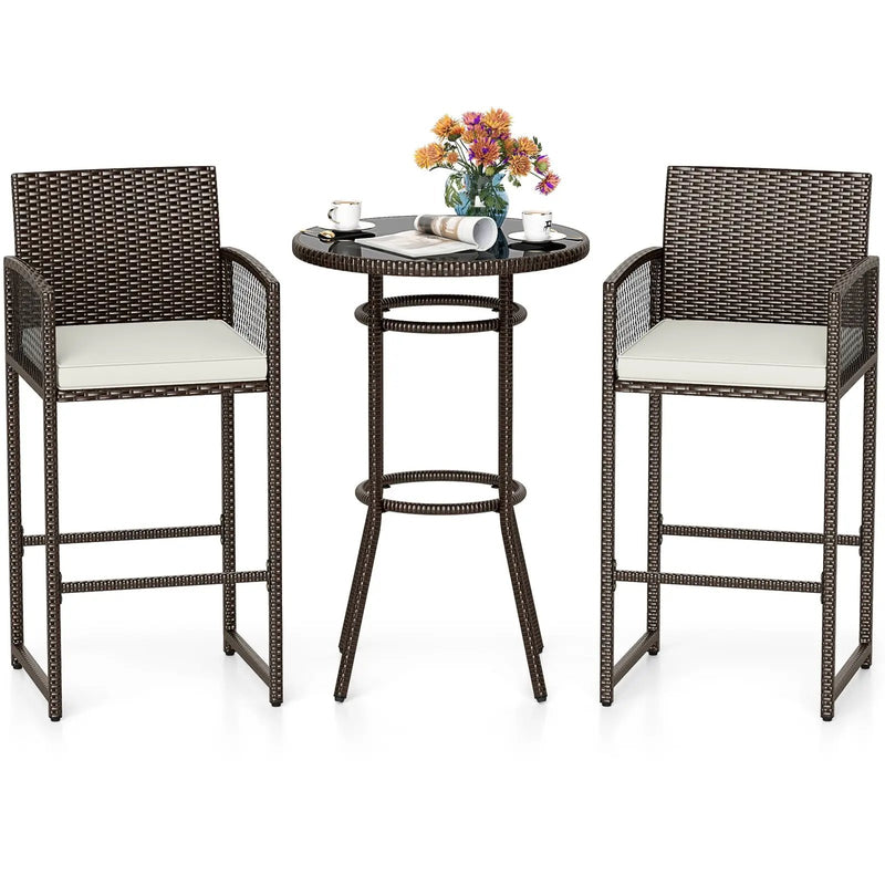 3 Piece Patio Bar Set Outdoor Wicker Bar Height Round Table and Armchairs-White by DirectDeals