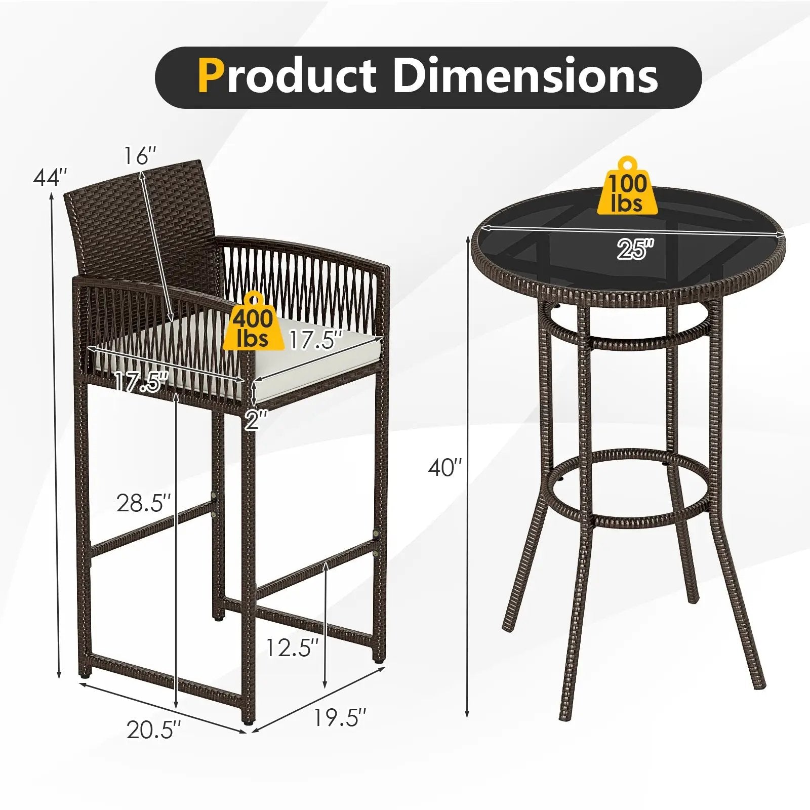 3 Piece Patio Bar Set Outdoor Wicker Bar Height Round Table and Armchairs-White by DirectDeals