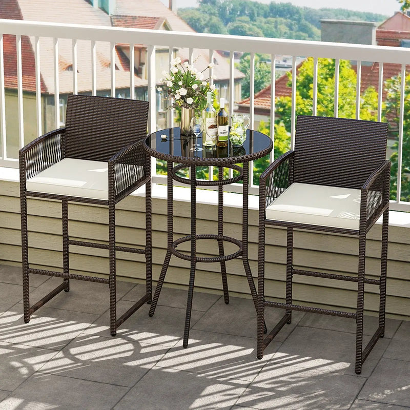 3 Piece Patio Bar Set Outdoor Wicker Bar Height Round Table and Armchairs-White by DirectDeals