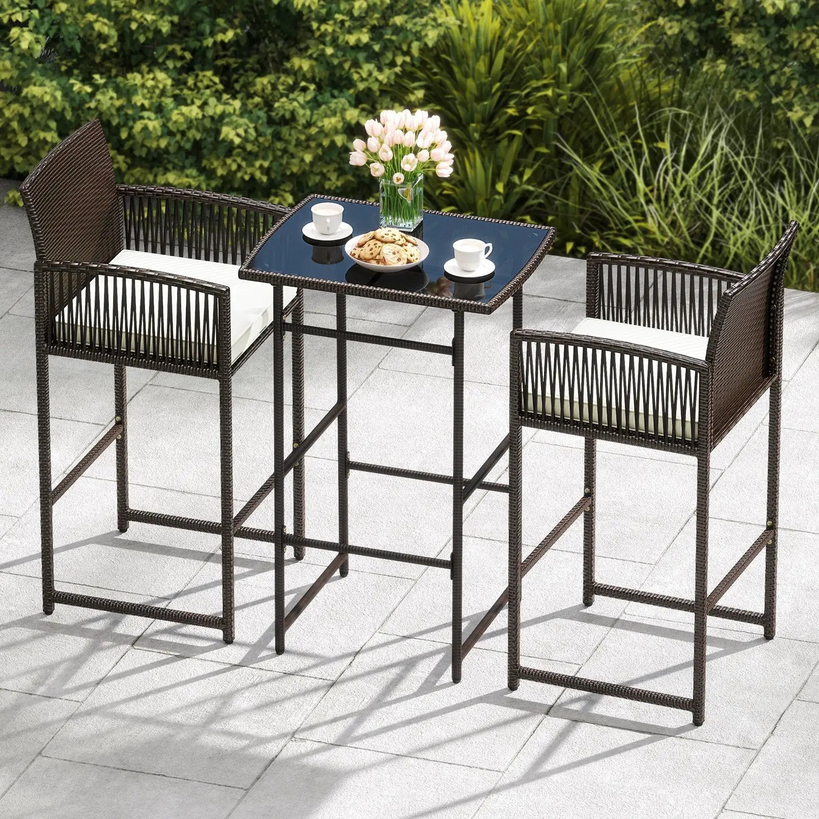 3 Piece Patio Bar Set Outdoor Wicker Bar Height Table and Armchairs with 2 Seat Cushions-White by DirectDeals