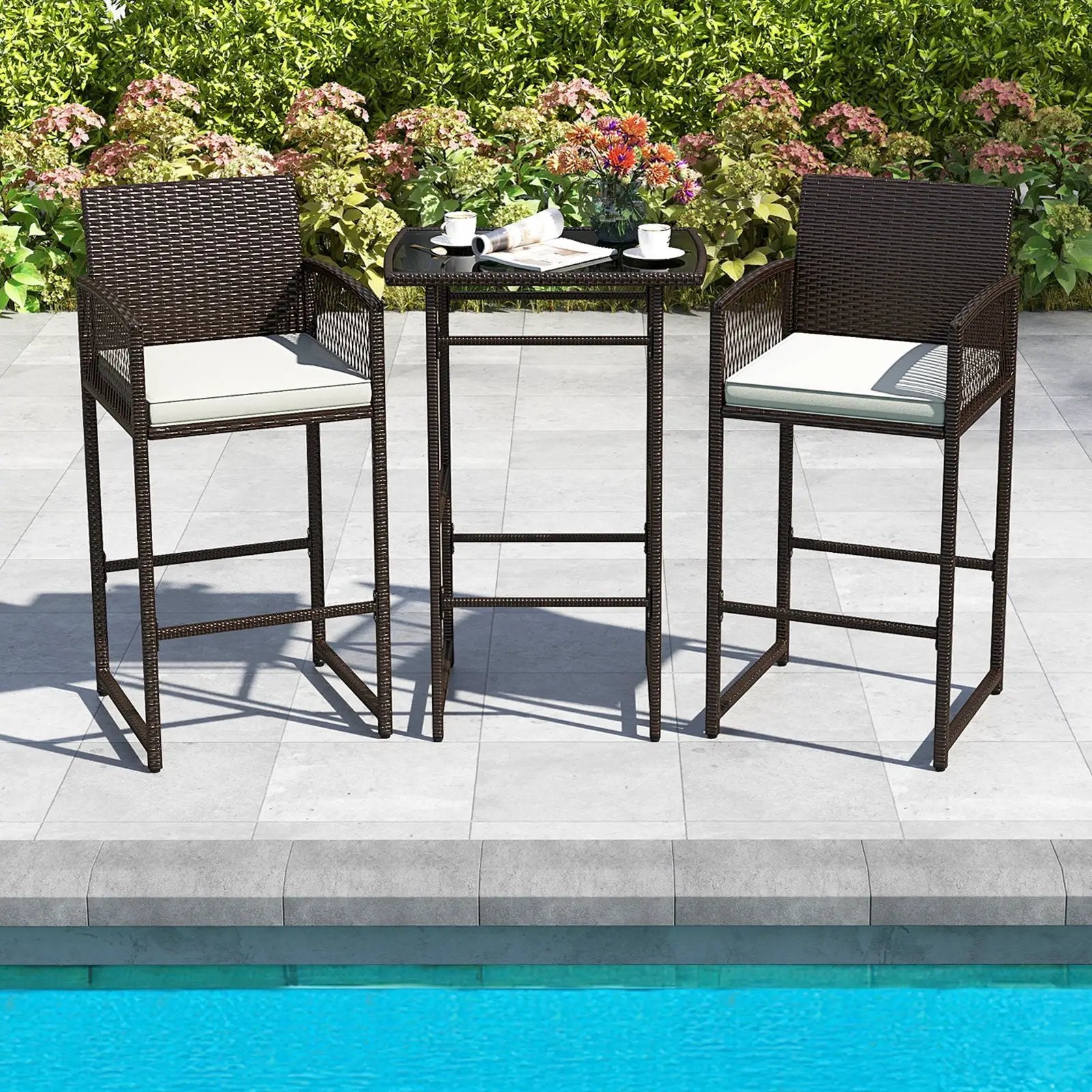 3 Piece Patio Bar Set Outdoor Wicker Bar Height Table and Armchairs with 2 Seat Cushions-White by DirectDeals