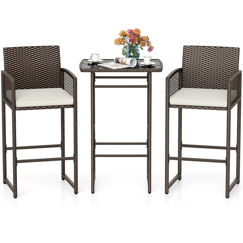 3 Piece Patio Bar Set Outdoor Wicker Bar Height Table and Armchairs with 2 Seat Cushions-White by DirectDeals