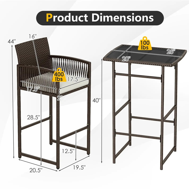 3 Piece Patio Bar Set Outdoor Wicker Bar Height Table and Armchairs with 2 Seat Cushions-White by DirectDeals