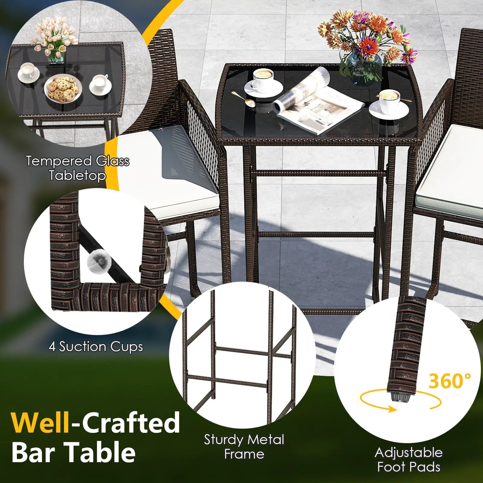 3 Piece Patio Bar Set Outdoor Wicker Bar Height Table and Armchairs with 2 Seat Cushions-White by DirectDeals