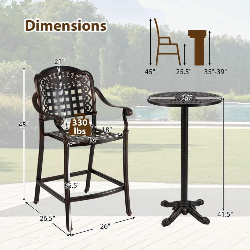 3 Piece Patio Bar Set Outdoor Cast Aluminum Round High Top Table 2 Counter Height Bar Stools by DirectDeals