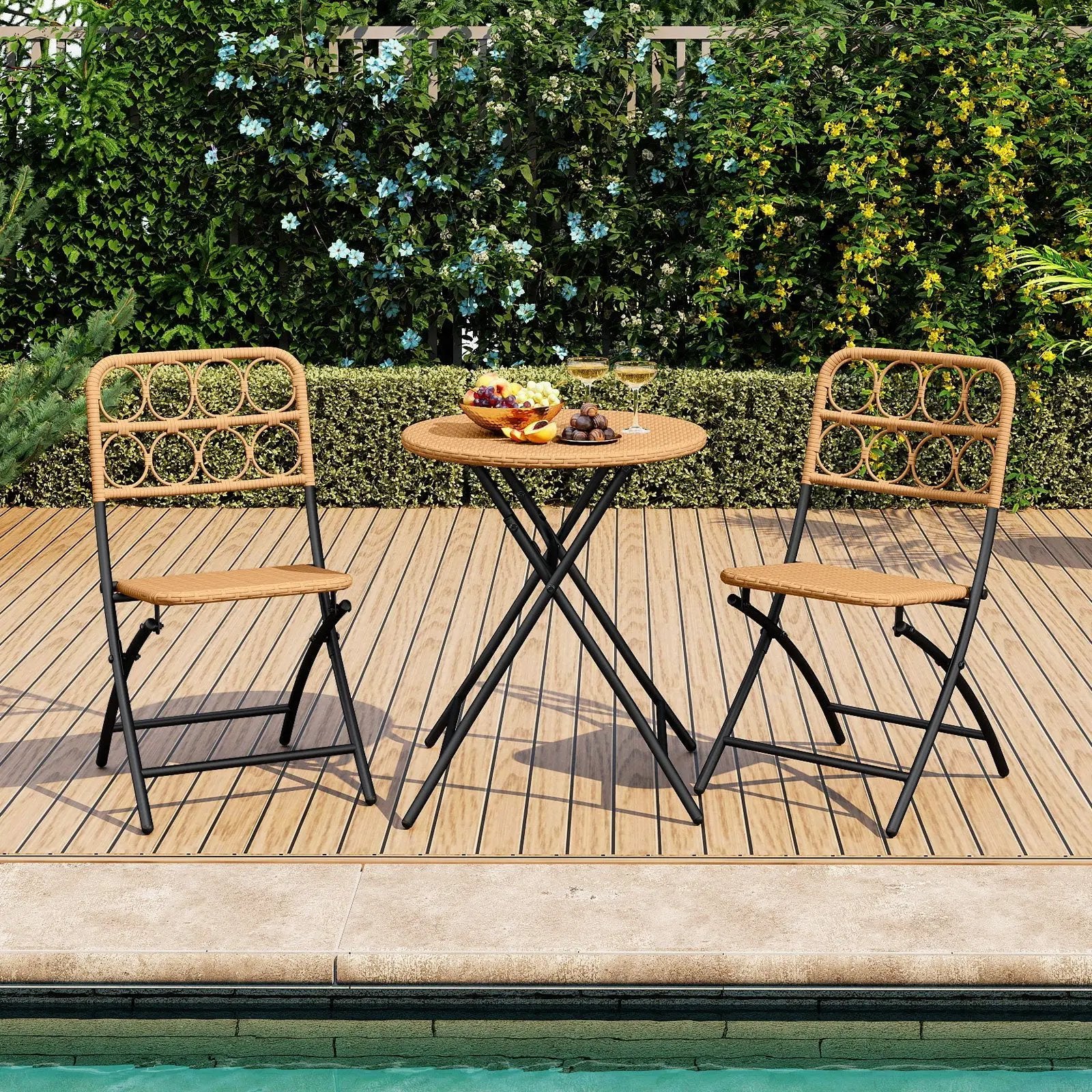 3 Piece Patio Bistro Set Folding Round Table and Chairs with Wicker Seat by DirectDeals