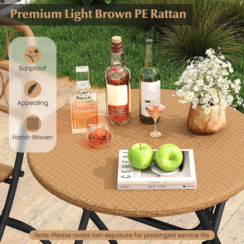 3 Piece Patio Bistro Set Folding Round Table and Chairs with Wicker Seat by DirectDeals