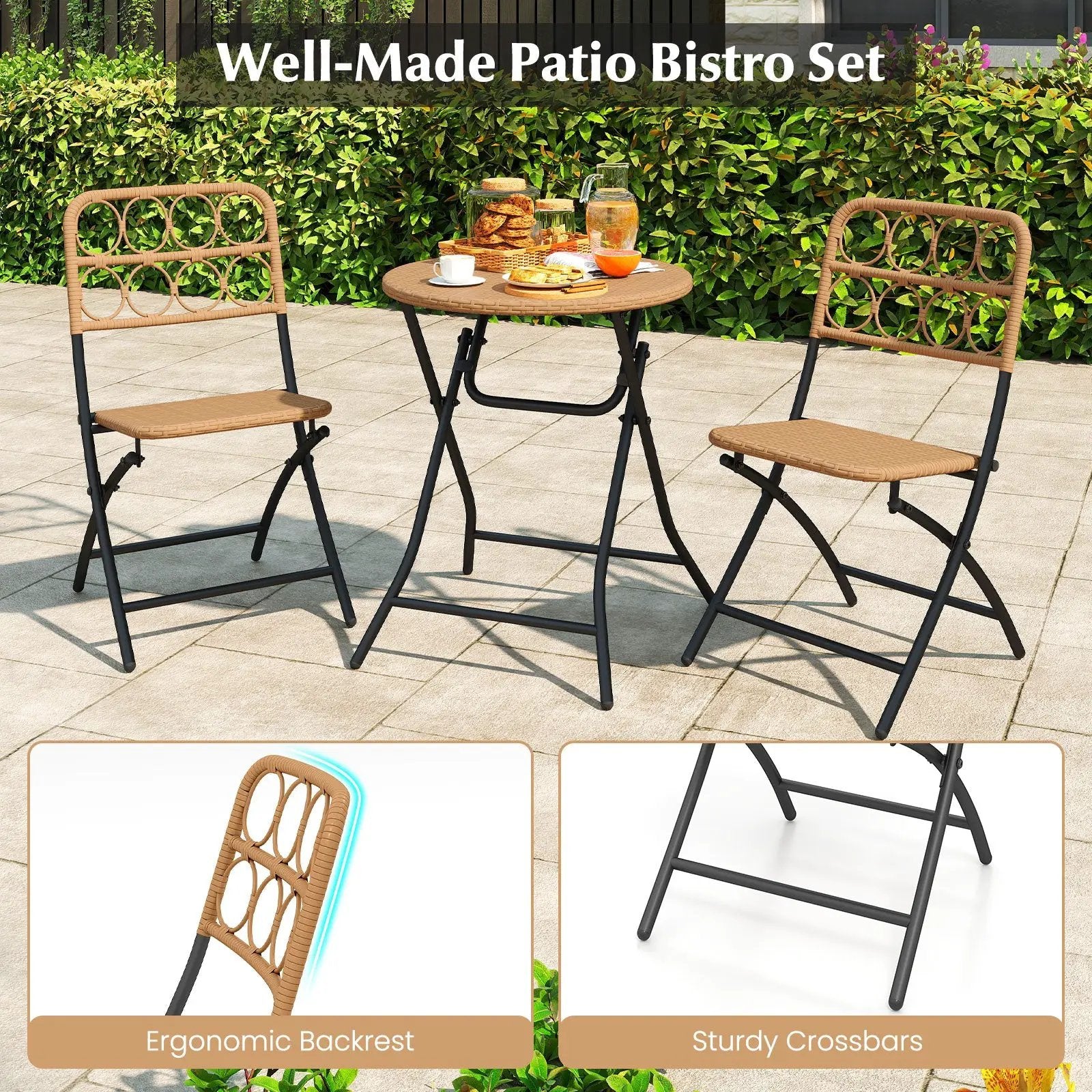 3 Piece Patio Bistro Set Folding Round Table and Chairs with Wicker Seat by DirectDeals