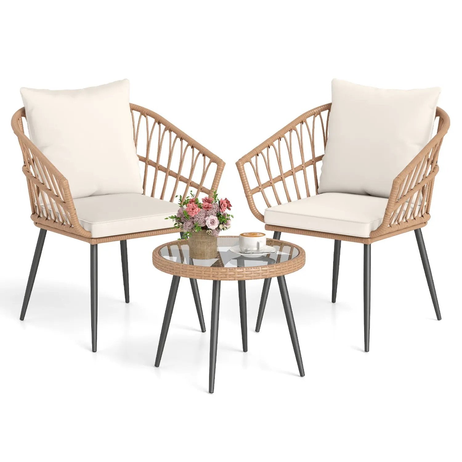 3 Piece Patio Bistro Set with PE Rattan Wicker Chairs and Tempered Glass Coffee Table by DirectDeals