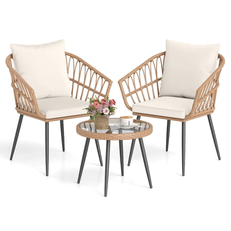 3 Piece Patio Bistro Set with PE Rattan Wicker Chairs and Tempered Glass Coffee Table by DirectDeals